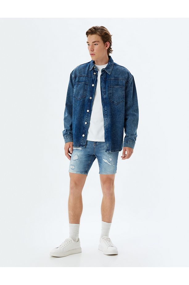 Slim Fit Kot Şort Bermuda Cepli Yıpratma Detaylı Pamuklu - 2