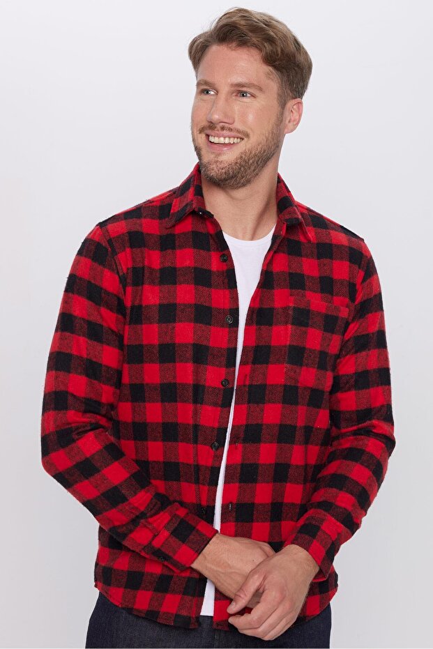 Erkek Regular Fit Klasik Kesim Oduncu Tek Cepli Kareli Kışlık Gömlek - 2