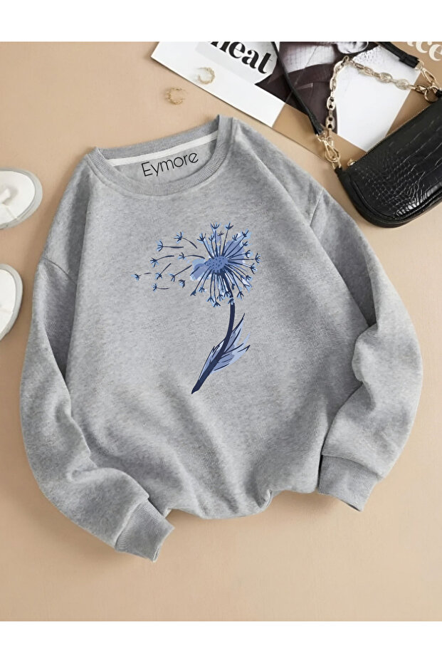 Blue Feather Printed Bicycle Collar Sweatshirt