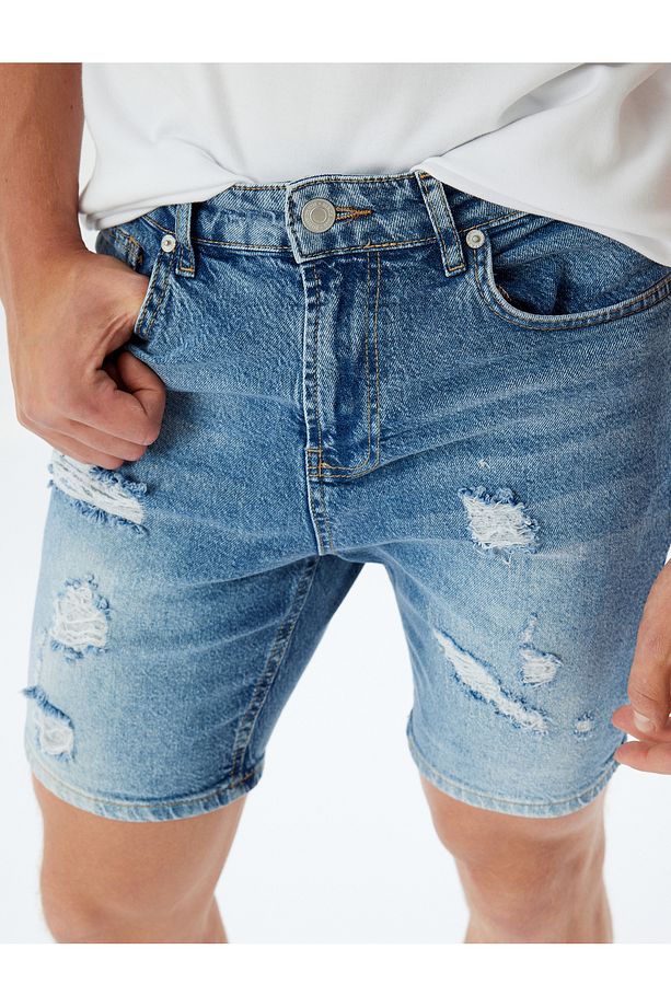 Slim Fit Kot Şort Bermuda Cepli Yıpratma Detaylı Pamuklu - 5