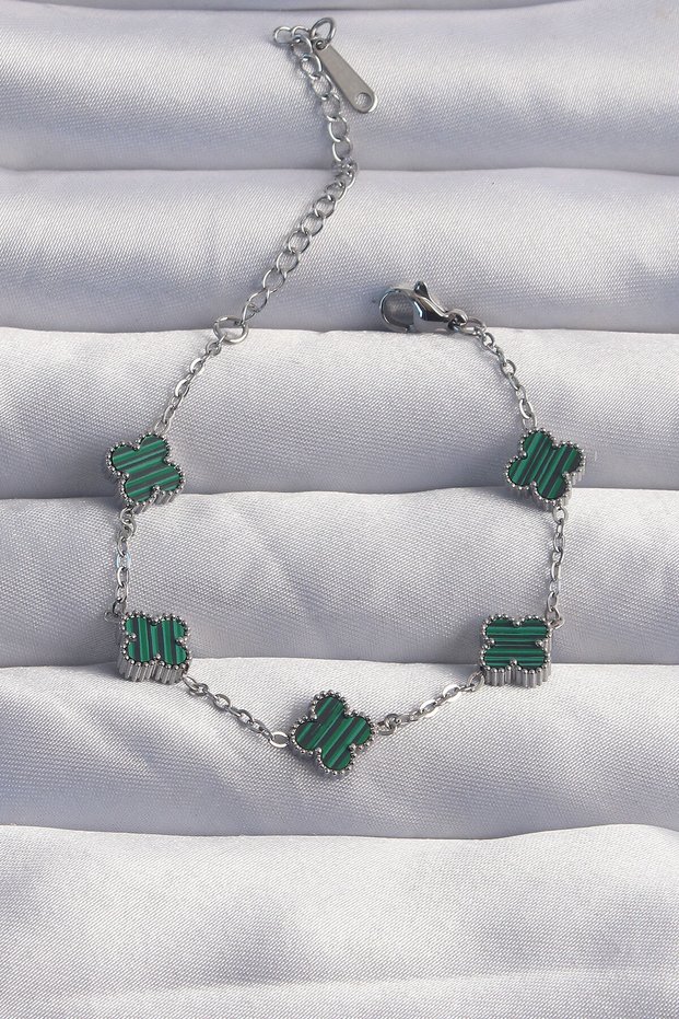 316L Steel Baby Boy Silver Color Striped Green Enamel Clover Bracelet