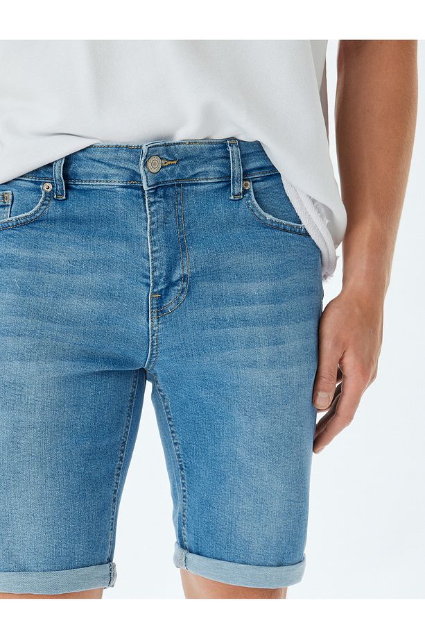 Slim Fit Kot Şort Bermuda Cep Detaylı Pamuklu - 5