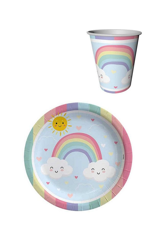 Çok Renkli Gökkuşağı 8'li Karton Bardak Tabak Set - 1