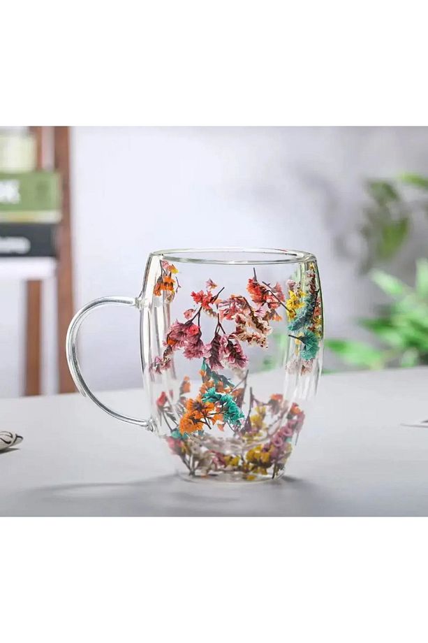 Kurutulmuş Çiçekli Bardak Camlı Çift Cidarlı Borosilikat Cam Bardak Kupa Fincan 250ml - 1