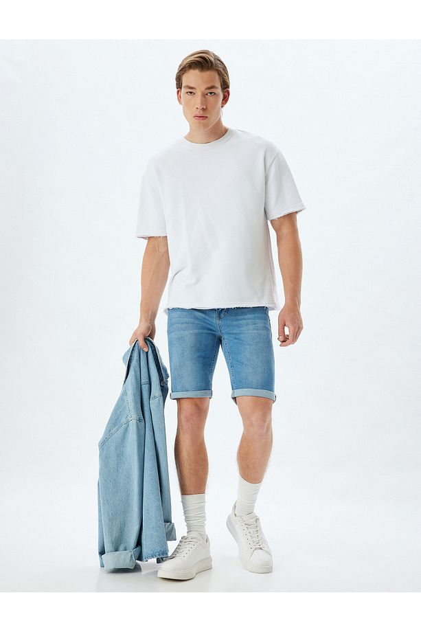 Slim Fit Kot Şort Bermuda Cep Detaylı Pamuklu - 1