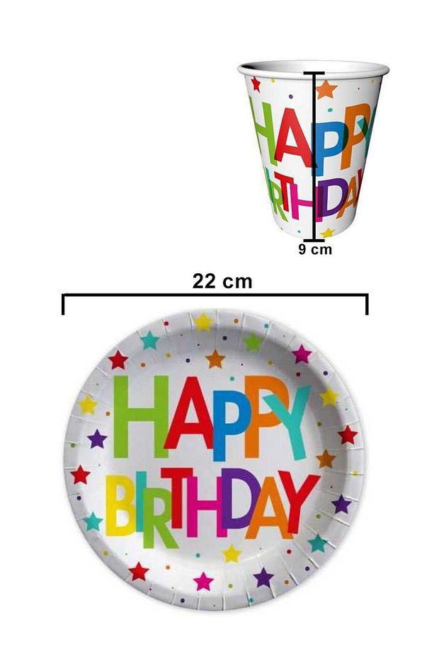 Çok Renkli Happy Birthday 8'li Karton Bardak Tabak Set - 2
