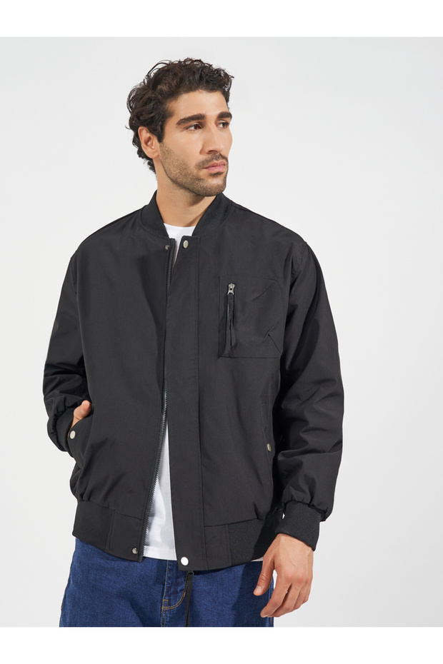 Pocket Zip Detail Lined Solid Bomber Jacket - 1