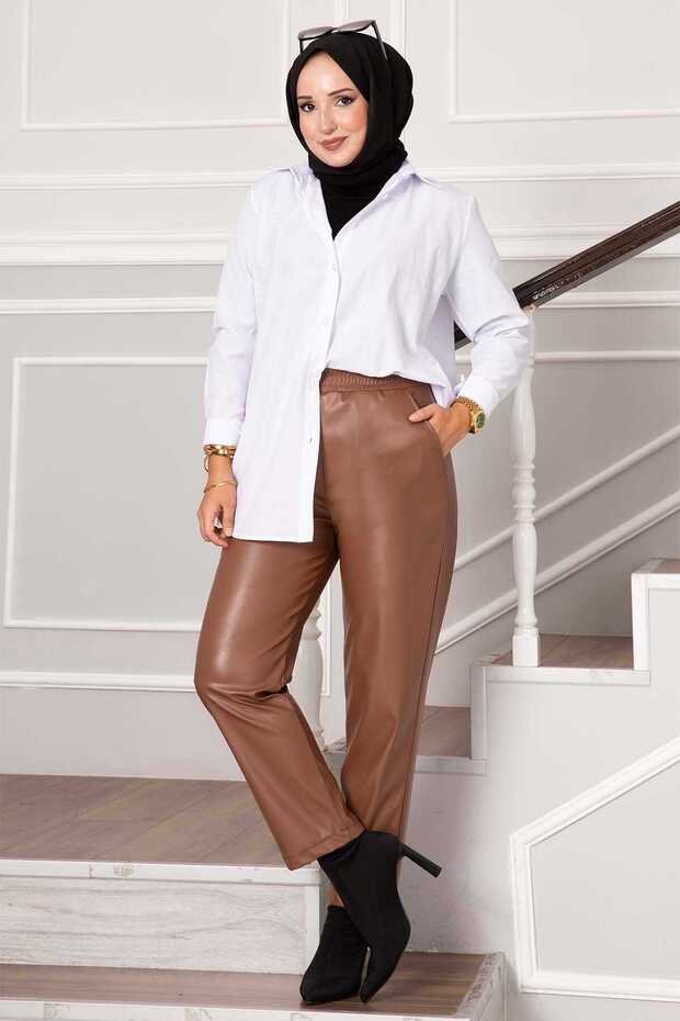 Elastic Waist Leather Trousers Tan