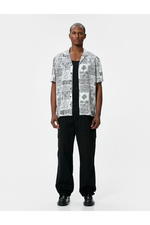 Summer Shirt Short Sleeve Ethnic Print Turn-Down Collar Viscose