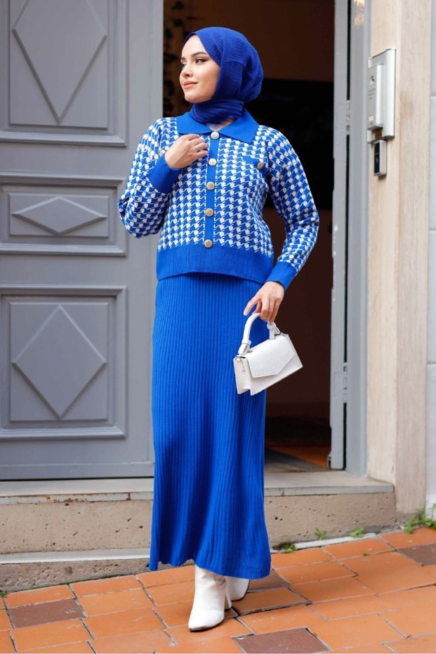 Jeli Dress Cardigan Double Knitwear Set 1220 - Cobalt Blue