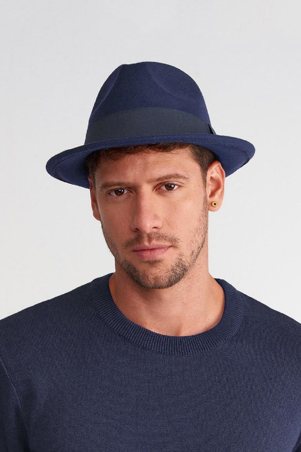 Men's Navy Blue Felt Trilby Fedora Hat