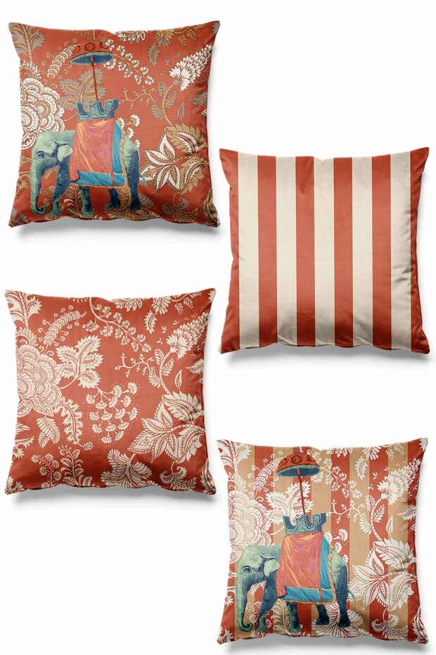Double Sided Printed Terracotta Indian Elephant Patterned 4-Piece Suede Cushion Cover