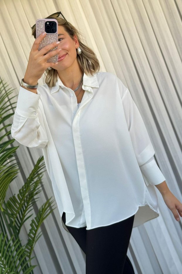 Bat Sleeve Oversize Ecru Satin Shirt