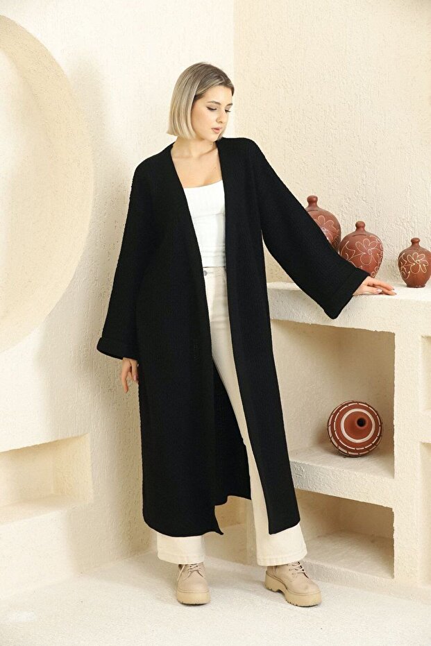 V-Neck Folded Wide Long Sleeve Self-Textured Thick Full Ankle Length Winter Comfortable Knitwear Cardigan