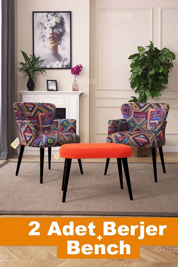 3lü Berjer Set Tekli Koltuk, Siyah Ayak + Bench  Balkon, Ofis, Bekleme, Güzellik Merkezi, Çay Seti - 2