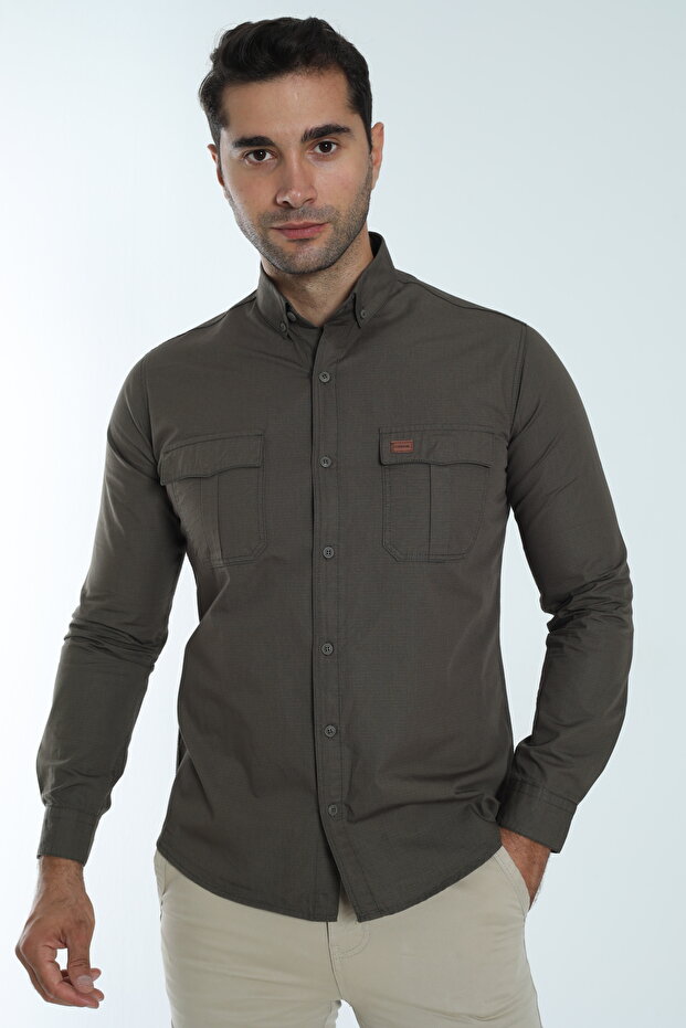 Men's Long Sleeve Seasonal Shirt 100% Cotton Ribstop Fabric Double Pockets