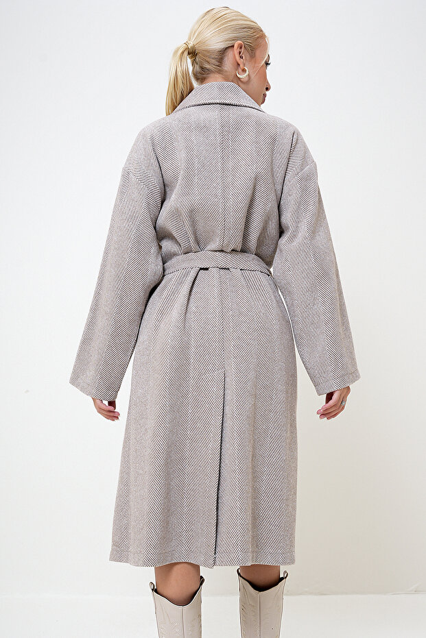 Alaçatı Stili Kadın Bej Çift Cepli Içi Astarsız Kendinden Kemerli Kaşe Kaban Prm1102 - 6