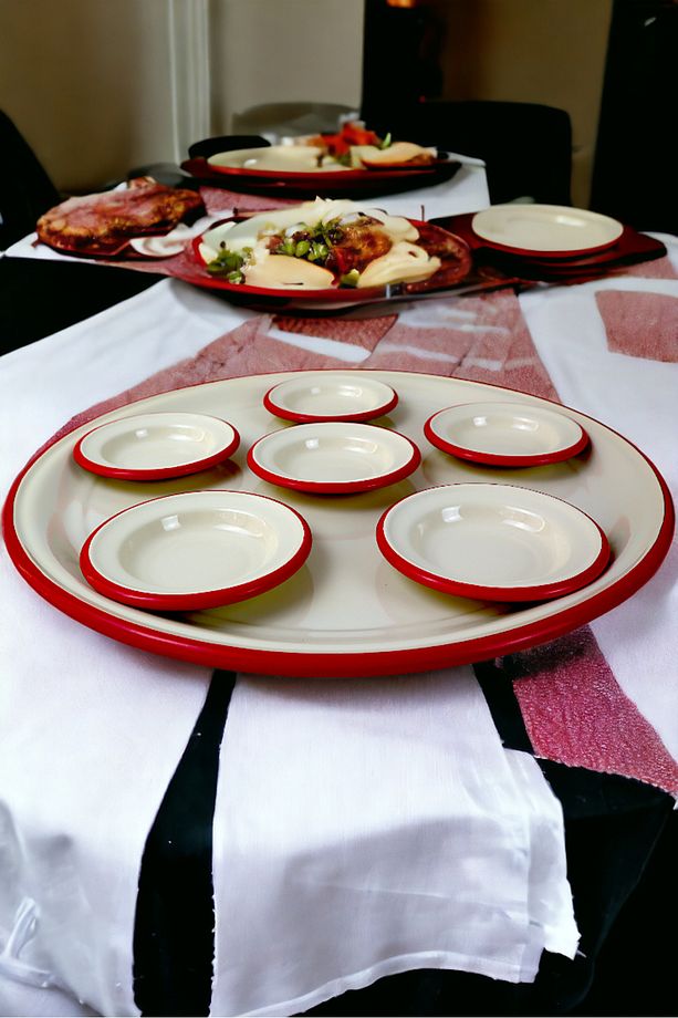 7 Parçabüyük Boy Emaye Kahvaltı Seti, Sunum, Kahvaltı Tabağı, Reçellik, Zeytin, Peynir Tabağı, - 3
