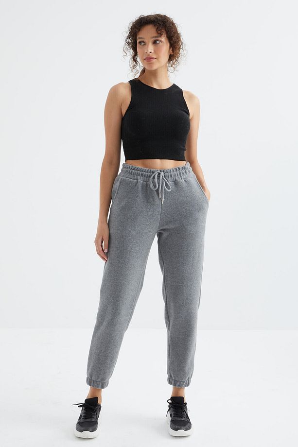 Gri Melanj Yüksek Bel Basic Bağcıklı Jogger Polar Kadın Eşofman Alt - 94622 - 4