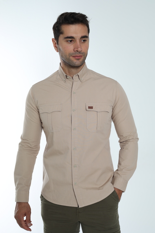 Men's Long Sleeve Seasonal Shirt 100% Cotton Ribstop Fabric Double Pockets