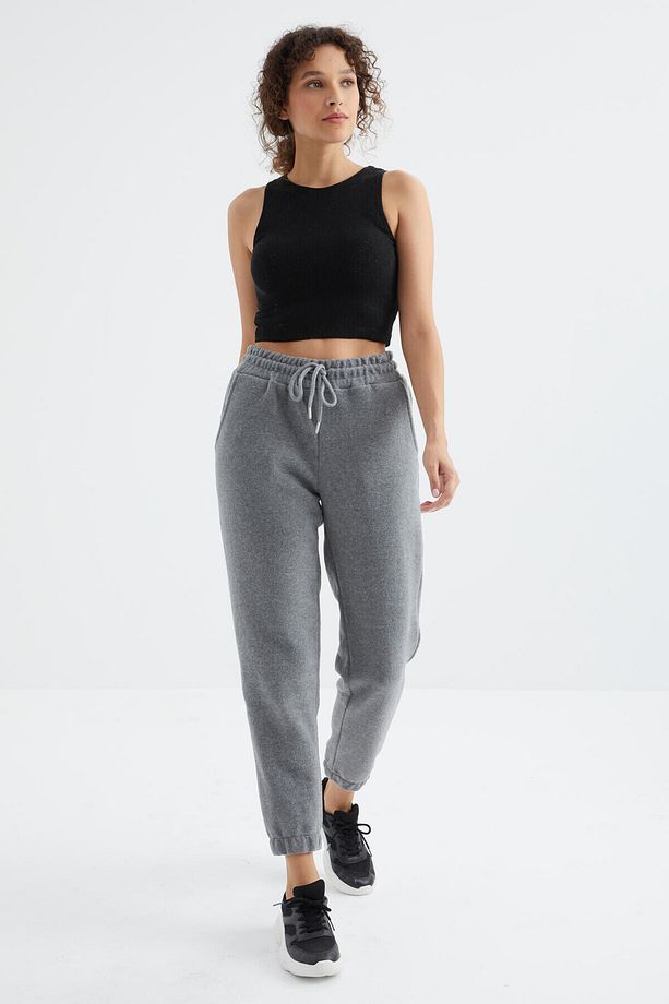 Gri Melanj Yüksek Bel Basic Bağcıklı Jogger Polar Kadın Eşofman Alt - 94622 - 6