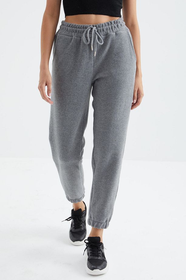 Gri Melanj Yüksek Bel Basic Bağcıklı Jogger Polar Kadın Eşofman Alt - 94622 - 5