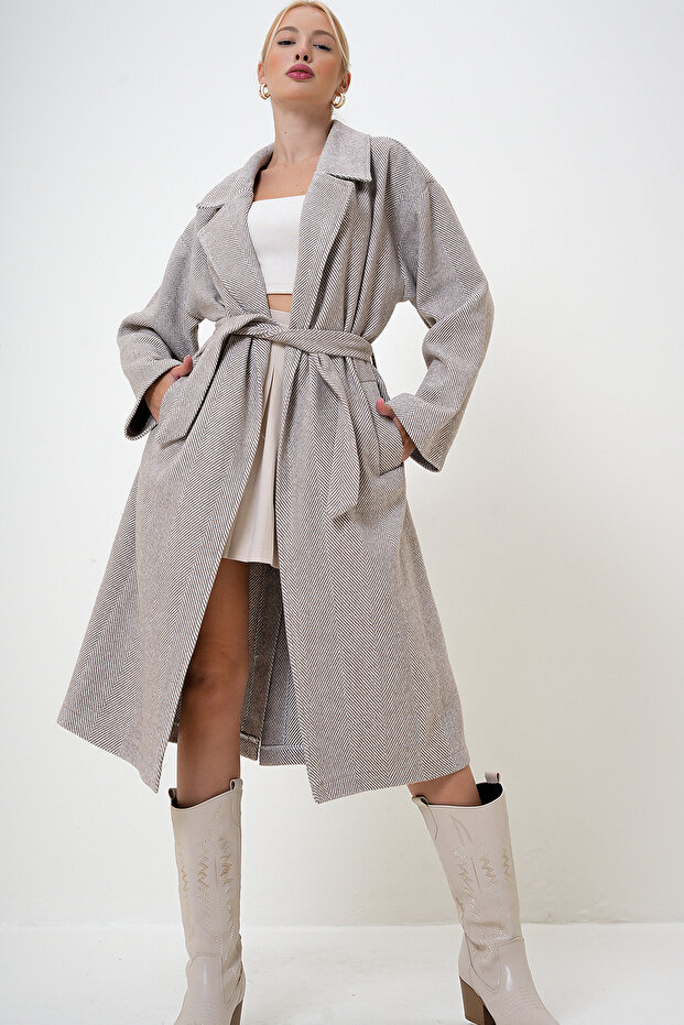 Alaçatı Stili Kadın Bej Çift Cepli Içi Astarsız Kendinden Kemerli Kaşe Kaban Prm1102 - 5