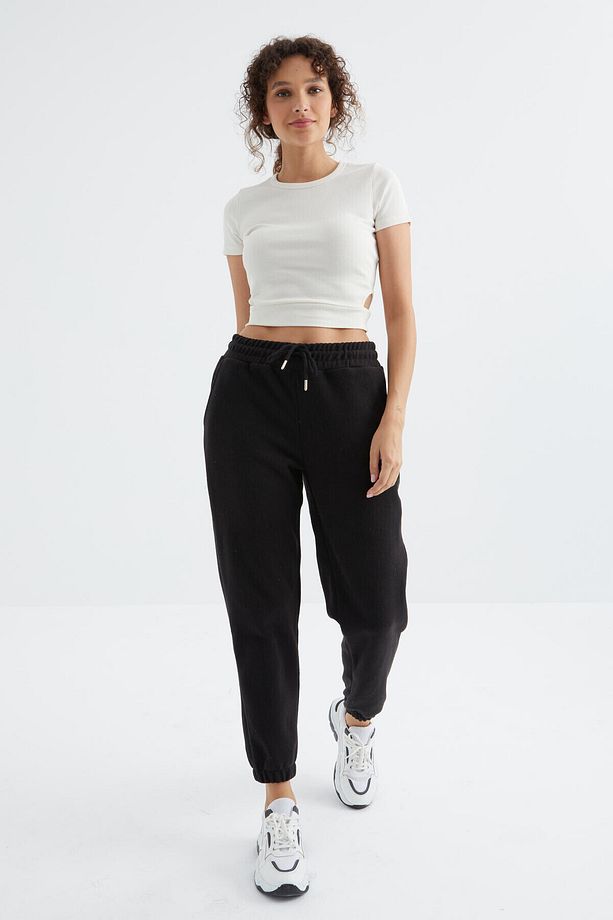 Siyah Yüksek Bel Basic Bağcıklı Jogger Polar Kadın Eşofman Alt - 94622 - 7