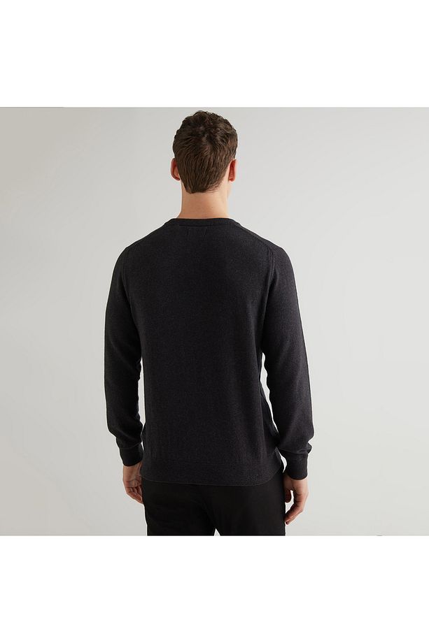 Erkek Gri Regular Fit Bisiklet Yaka Logolu Kazak - 2