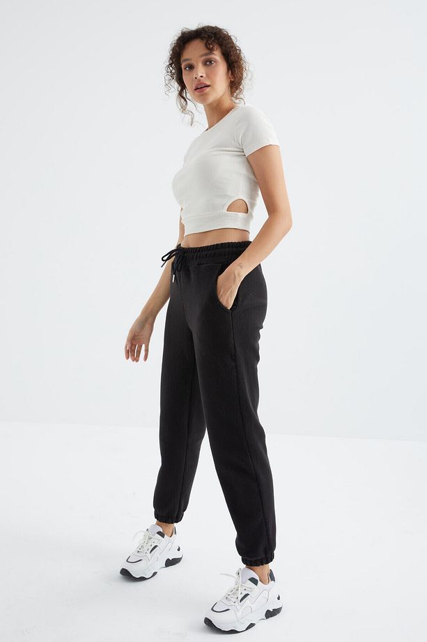 Siyah Yüksek Bel Basic Bağcıklı Jogger Polar Kadın Eşofman Alt - 94622 - 6