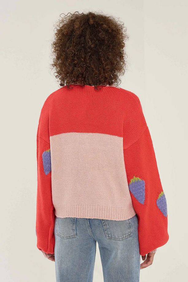 Oversized Çilek Desenli Hırka - 4