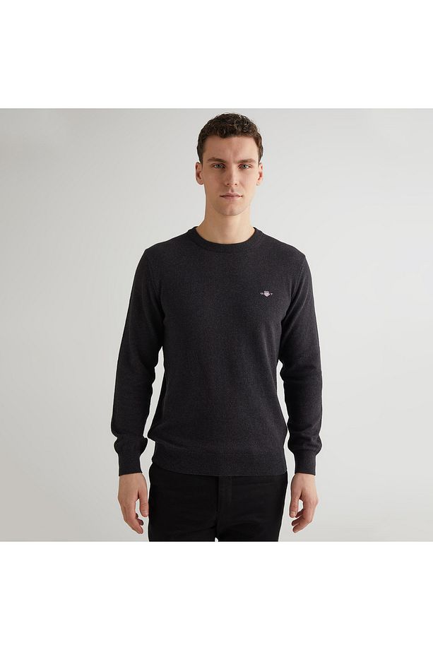 Erkek Gri Regular Fit Bisiklet Yaka Logolu Kazak - 1
