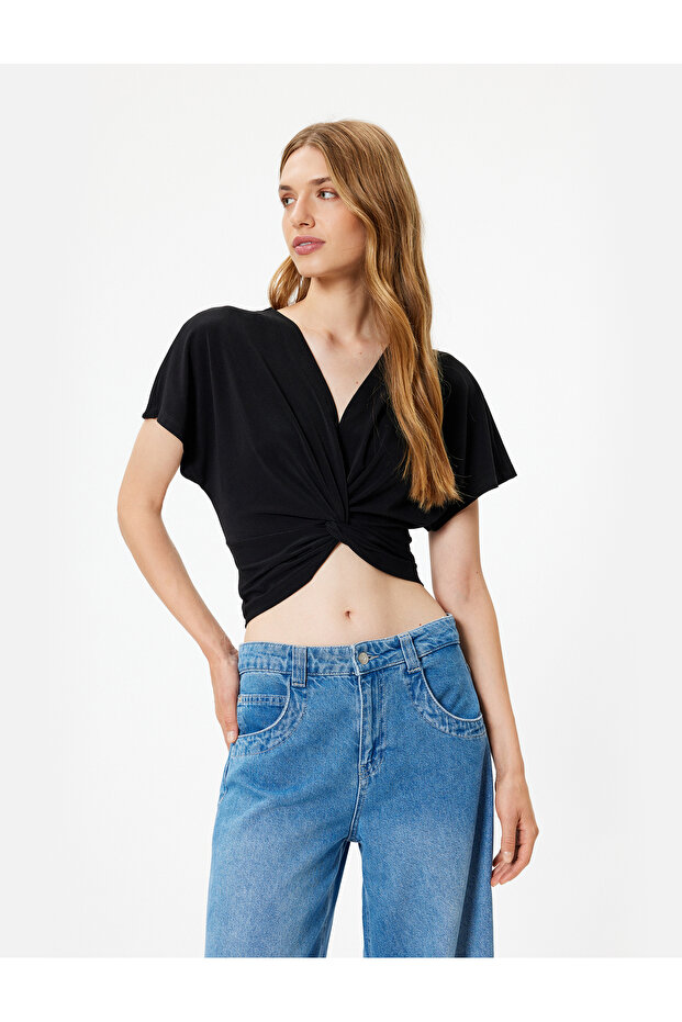 Crop Blouse with Knot Detail, V-Neck, Short Batwing Sleeves