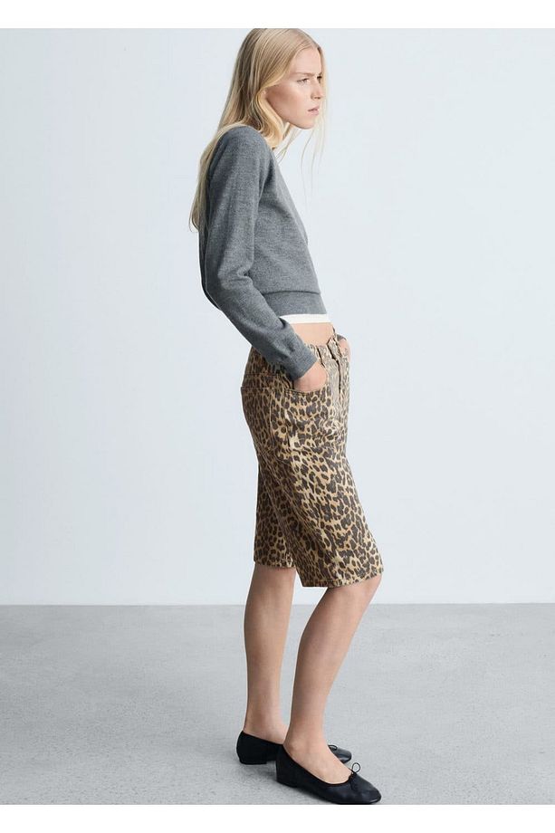 Leopar Desenli Yüksek Bel Bermuda Şort - 7