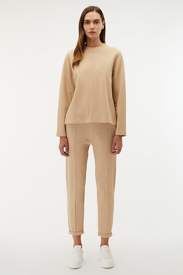 Women's Beige Color Ribbed Knitted Trousers