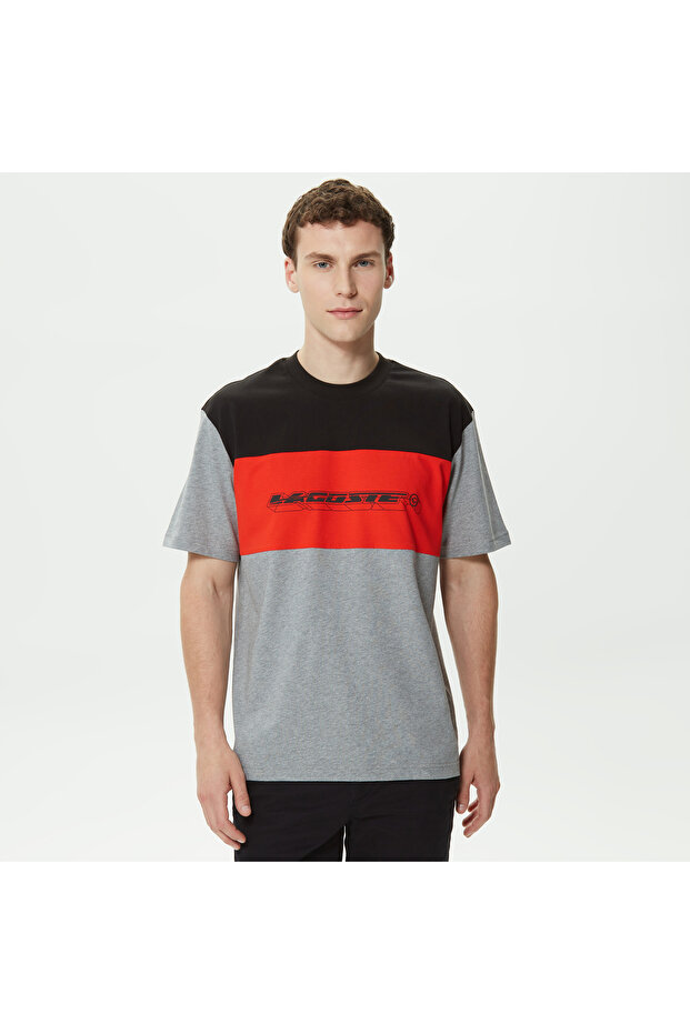 Men's Relaxed Fit Crew Neck Color Block Gray T-Shirt