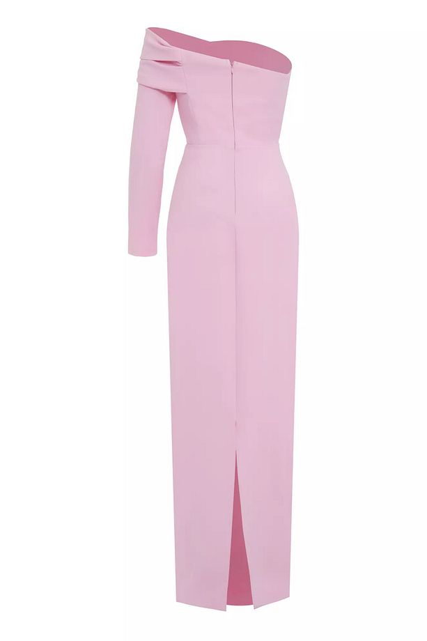 Pembe krep tek kol uzun elbise - 2