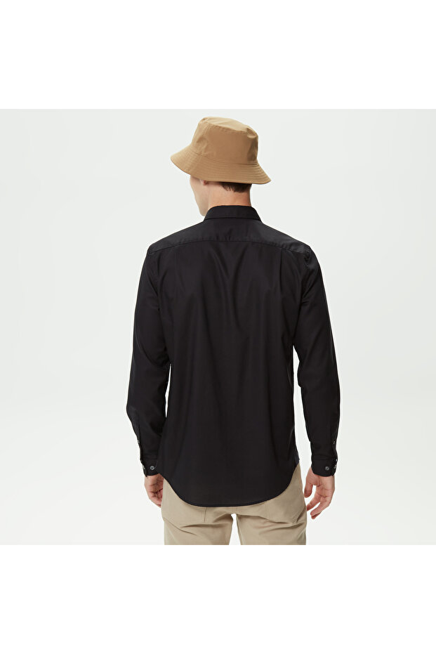 Erkek Slim Fit Düğmeli Yaka Siyah Gömlek - 2