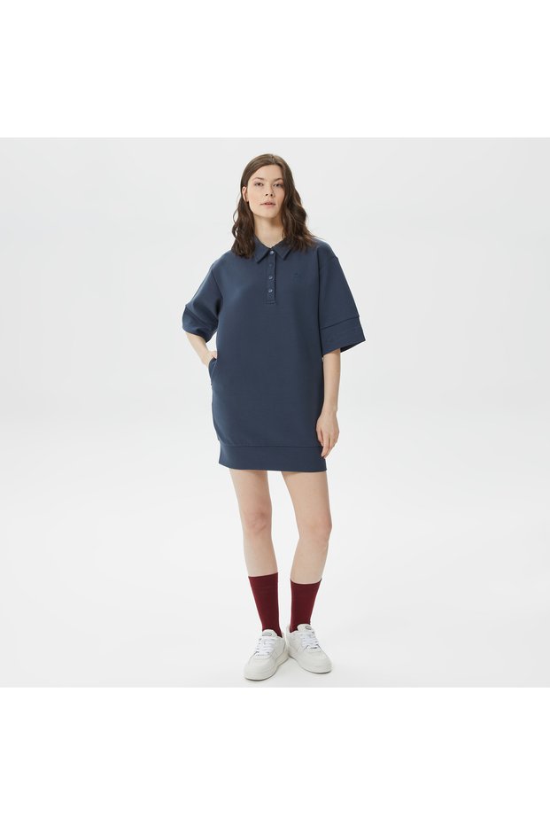Women's Loose Fit Short Sleeve Polo Neck Navy Blue Dress