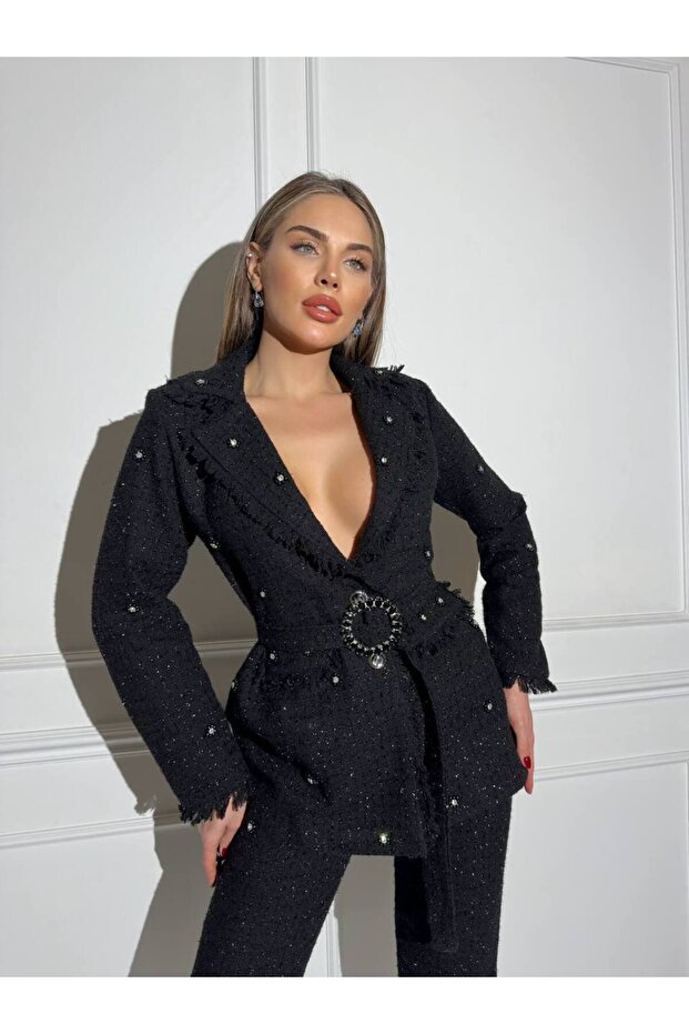 Women's Black Imported Glittery Tweed Fabric Lined Belted Tassel Detail Beaded Accessory Design Suit