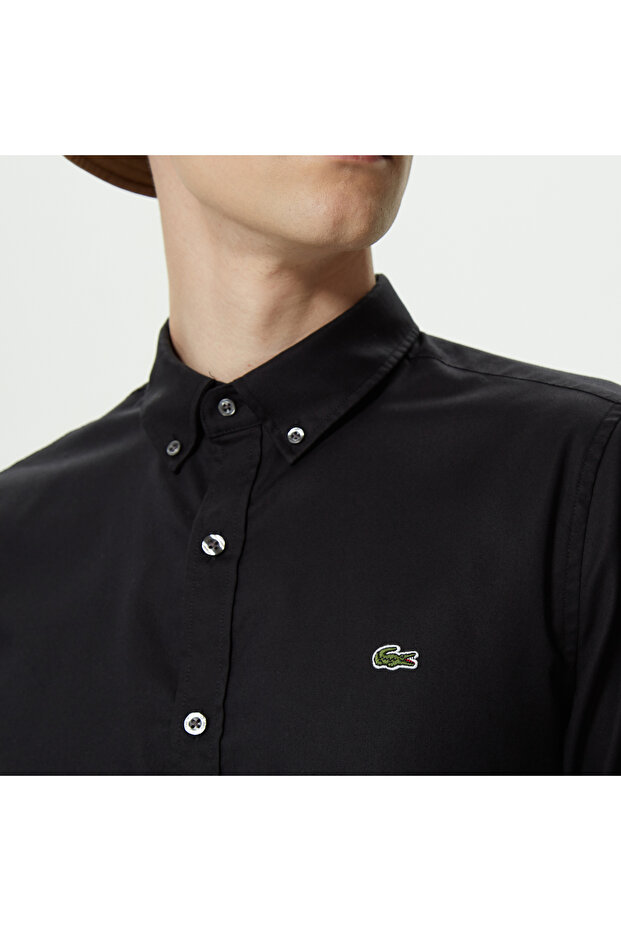 Erkek Slim Fit Düğmeli Yaka Siyah Gömlek - 5