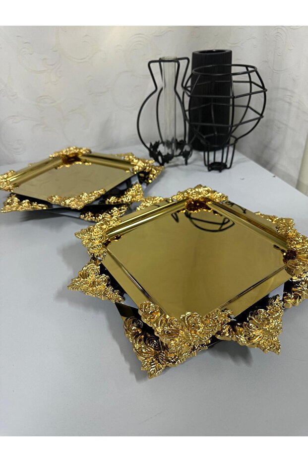 Stainless Gold Rose Detailed Coffee Cake Presentation Tray Set of 6