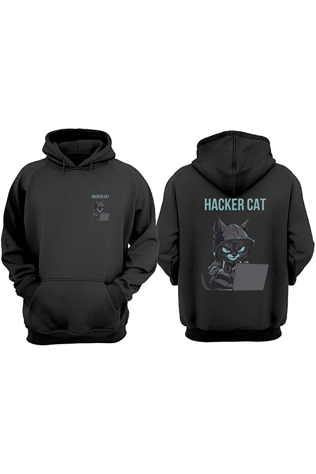 Unisex a Hacker Cat Design Front Back Printed Regular Fit Black Sweatshirt