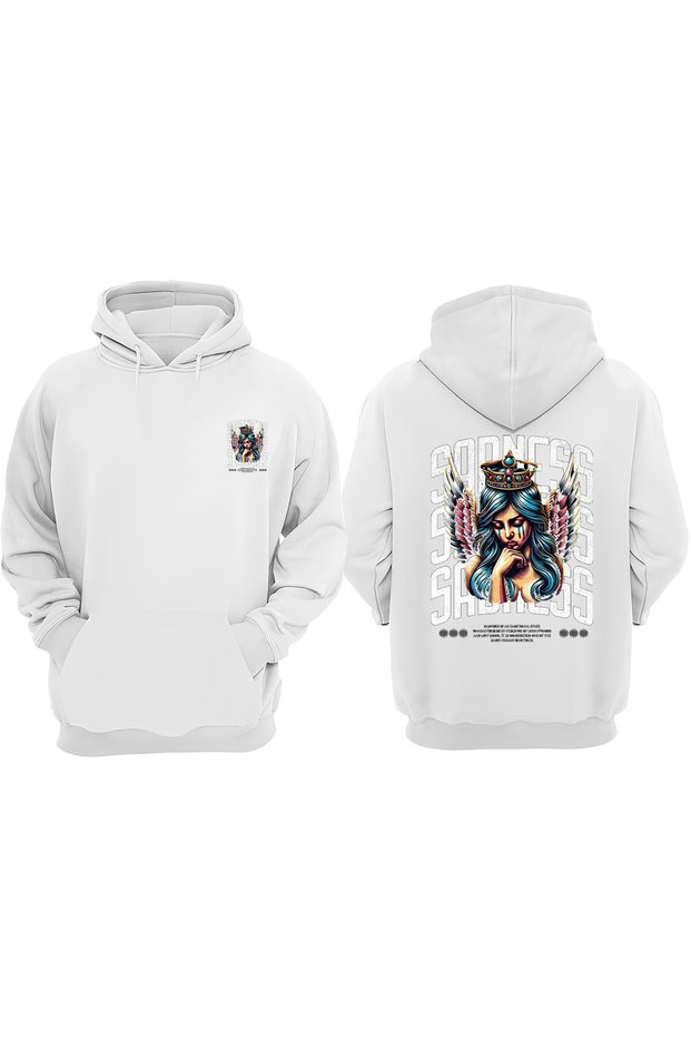 Unisex Sadness Crying Girl Design Front Back Printed Regular Fit White Sweatshirt
