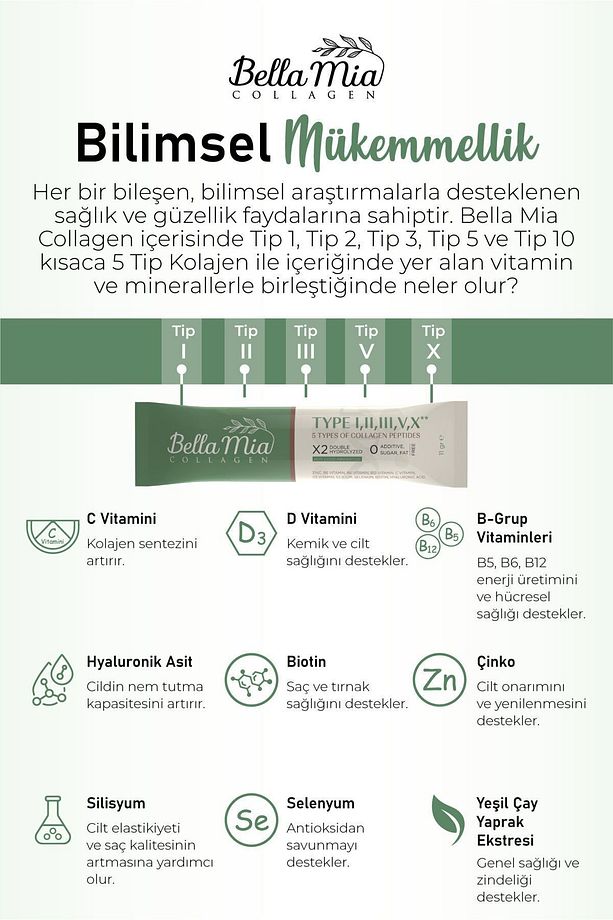 %100 Saf ve Doğal 5 Tip Kolajen Tip 1, Tip 2, Tip 3, Tip 5, Tip 10 ve Vitamin İçeren Diyet Takviyesi - 6