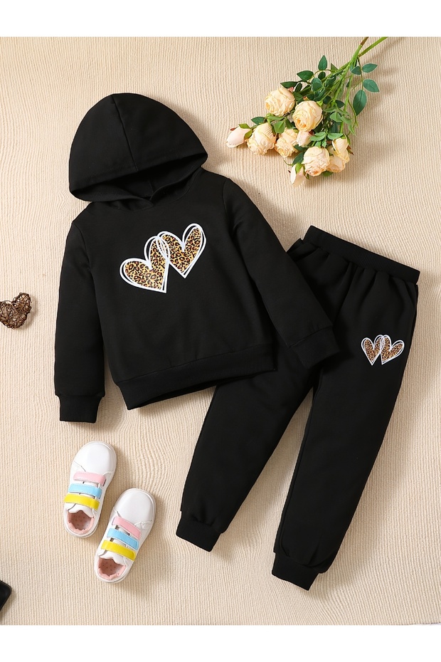 Girls' Cozy Cute Leopard Heart Premium Compact Sweatshirt & Sweatpants Set 2-Piece Sportswear Set