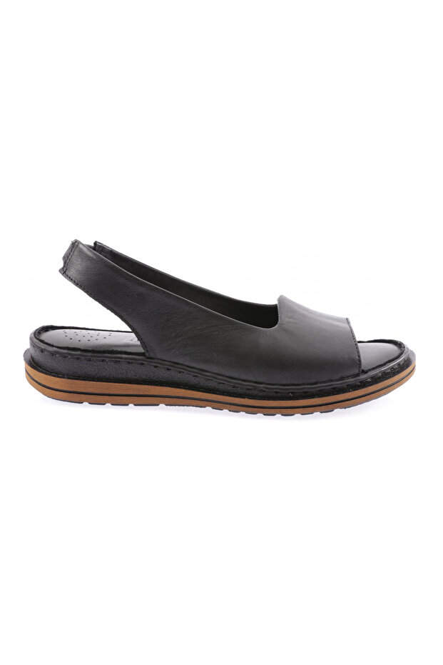 Black Genuine Leather Women's Sandals - Rubber Detailed