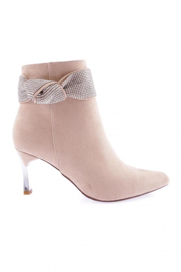 K100-22K Women's Silver Stone Heeled Boots Beige Suede