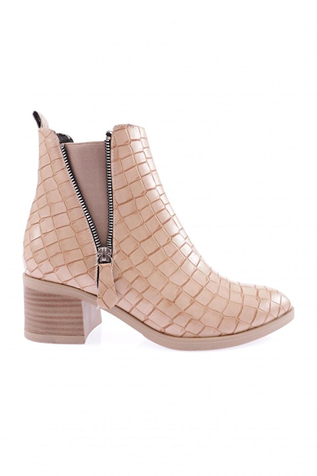 9009-2164-22K Women's Zippered Heeled Boots Nude Kroko