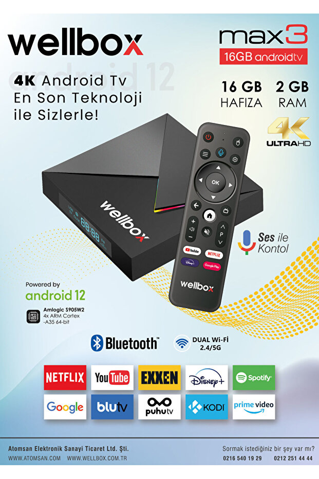 WELLBOX MAX3 Android TV BOX Wi-Fi Bluetooth HDMI Hafızalı Uydu Alıcısı - 1